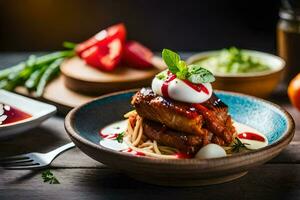 a plate of food with meat, sauce and vegetables. AI-Generated photo