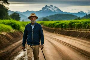 an older man walking down a dirt road with a cane. AI-Generated photo