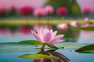 rosado loto flor en el agua con verde hojas. generado por ai foto