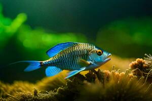 a blue fish with yellow eyes and black fins. AI-Generated photo