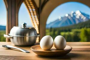 dos huevos en un de madera mesa con un ver de el montañas. generado por ai foto