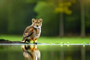 a cheetah is standing on the edge of a lake. AI-Generated photo