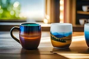 three mugs with different designs on them. AI-Generated photo