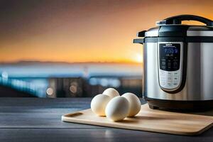 an electric pressure cooker with eggs on a cutting board. AI-Generated photo