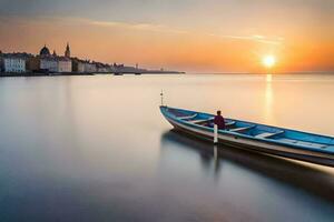 un barco es flotante en el agua a puesta de sol. generado por ai foto