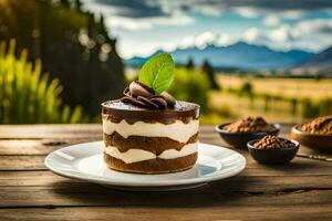 a dessert on a plate with a view of the mountains. AI-Generated photo