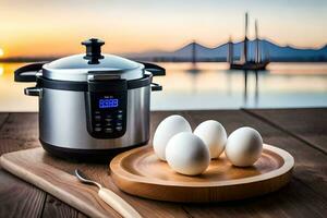 an electric pressure cooker with eggs on a wooden board. AI-Generated photo