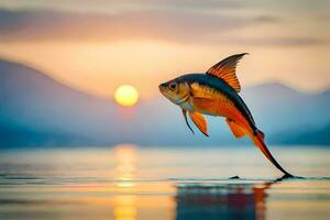 un pescado saltando fuera de el agua a puesta de sol. generado por ai foto