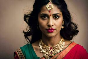 un hermosa indio mujer vistiendo joyería y un rojo sari. generado por ai foto