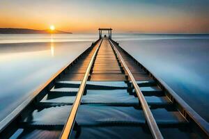 a long exposure photograph of a train track leading into the ocean. AI-Generated photo