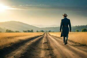 a man in a hat walks down a dirt road. AI-Generated photo