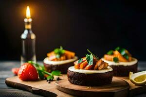 three small cakes with strawberries and cream on a wooden board. AI-Generated photo