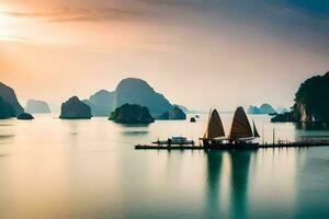 the sun sets over the water in halong bay. AI-Generated photo