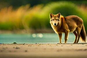 a brown wolf standing on the beach near water. AI-Generated photo