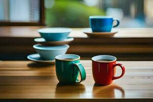 colorful cups and saucers on a wooden table. AI-Generated photo