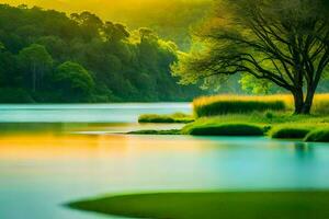 un árbol soportes en el apuntalar de un lago a puesta de sol. generado por ai foto