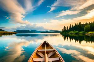 a canoe is floating on a calm lake at sunset. AI-Generated photo
