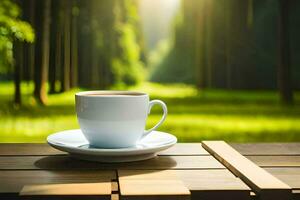 un taza de café en un de madera mesa en el bosque. generado por ai foto