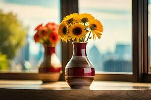 girasoles en un florero en un ventana umbral. generado por ai foto