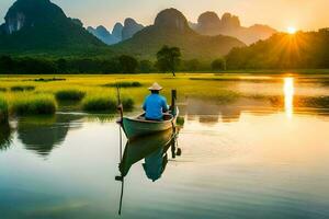 a man in a boat on a river with mountains in the background. AI-Generated photo