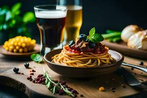 spaghetti with meatballs and tomato sauce on a wooden table. AI-Generated photo