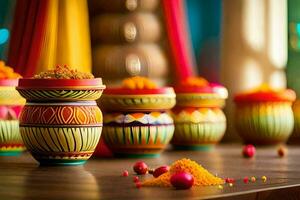 colorful pots with colorful decorations on a table. AI-Generated photo