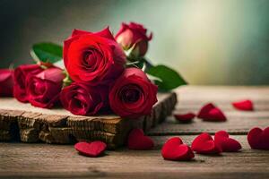 red roses on a wooden table with hearts. AI-Generated photo