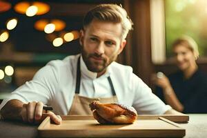 a man in a chef's apron is holding a chicken on a cutting board. AI-Generated photo