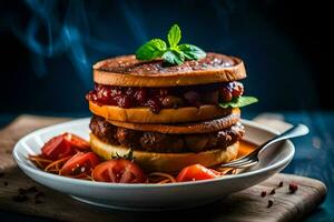a stack of meat and vegetables on a plate. AI-Generated photo