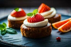 Tres pequeño pasteles coronado con fresas y crema. generado por ai foto