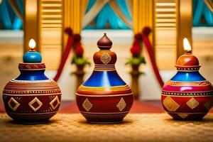 three colorful vases with candles on a table. AI-Generated photo