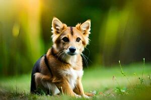 un perro sentado en el césped mirando a el cámara. generado por ai foto