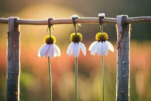 three white flowers hanging from a fence. AI-Generated photo