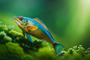 a fish is sitting on top of moss. AI-Generated photo