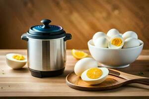 a stainless steel pot with eggs and a bowl of boiled eggs. AI-Generated photo