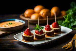 mini cheeseburgers with strawberries and dip on a plate. AI-Generated photo