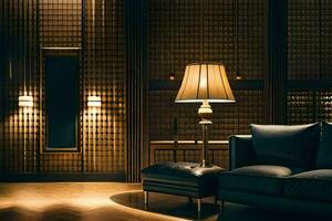 a living room with a leather couch and lamp. AI-Generated photo