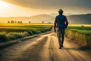 a man walking down a dirt road in the country. AI-Generated photo