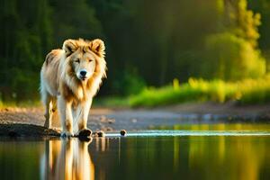 un león caminando a lo largo un río banco. generado por ai foto