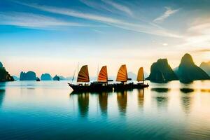 barcos en el agua con montañas en el antecedentes. generado por ai foto