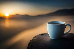 a cup of coffee on a rock in the sunset. AI-Generated photo