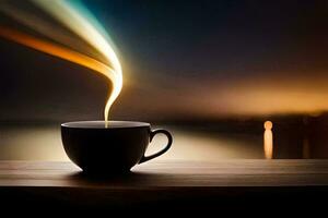 a cup of coffee on a table with a light coming from it. AI-Generated photo