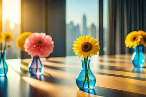 sunflowers in vases on a table with cityscape in the background. AI-Generated photo