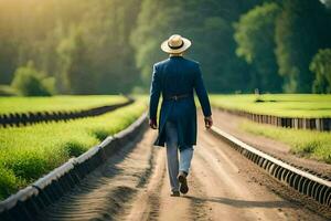 a man in a hat and suit walks down a dirt road. AI-Generated photo