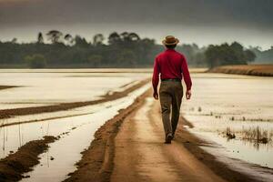 a man in a red shirt and hat walks down a dirt road. AI-Generated photo