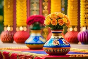 colorful vases with flowers on a table. AI-Generated photo