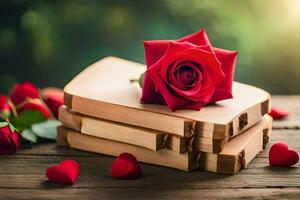 un rojo Rosa se sienta en parte superior de un apilar de libros. generado por ai foto