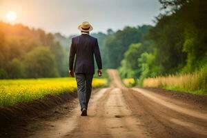 a man in a suit and hat walks down a dirt road. AI-Generated photo