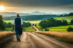 a man in a hat and vest walking down a dirt road. AI-Generated photo