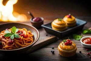 spaghetti and cupcakes on a wooden table. AI-Generated photo